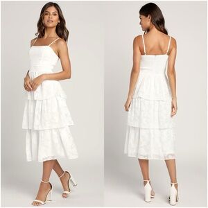 LULU’S Grace And Beauty White Burnout Floral Print Tiered Midi Dress